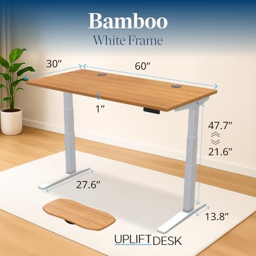 Image of UPLIFTDESK Bamboo (60 x 30 inch) Standing Desk 2-Leg V3 Adjustable Stand Up C-Frame (White), Advanced Keypad, Wire Grommets, Wire Tray, Rocker Board