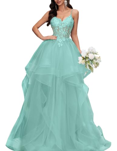 VOUIAO Tulle Prom Dress Long Ball Gown Formal Evening Gown Mint Blue XS