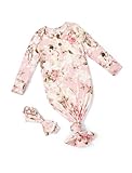 PATPAT Baby Sleeper Gown with Bamboo Viscose for Newborn Girls Boys, Knotted Nightgown with Mittens for Infant Home Coming, Bow-Rose, 3-6 Months