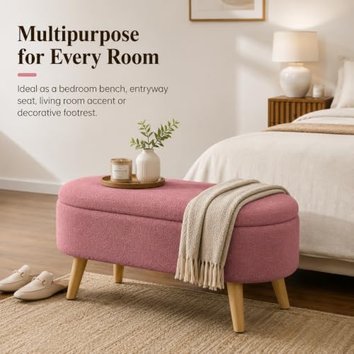 Image of Upholstered Ottoman Storage Bench, Premium Boucle Fabric, Heavy Duty 120 Kg Load Capacity, Multipurpose Seating for Living Room & Bedroom, Pink