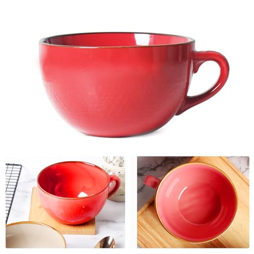 AYYDS Large Coffee Cup, 700 ml Cup, Ceramic Soup Bowl with Handle, Coffee Mug, Cereal Bowls, Salad Bowl with Handle, XXL Cappuccino Cups, Ramen Bowl (Red), KFB-0723