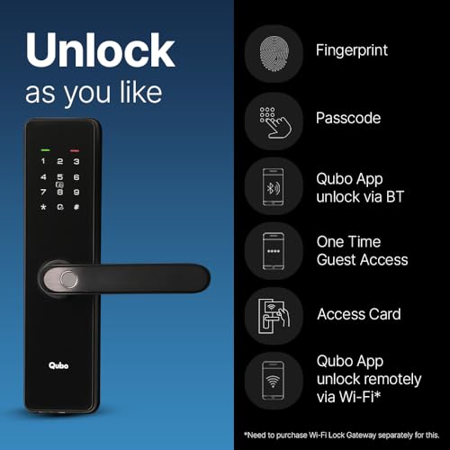 QUBO Smart Door Lock Essential (2025 Edition) from Hero Group | 6-Way Unlocking | Fingerprint | OTP Remote Unlocking | PIN | RFID Card | Mobile App | Mechanical Key | 1 Year Brand Warranty | (Black) 2