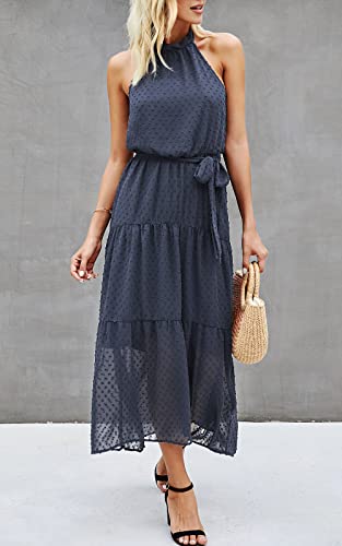 Image of PRETTYGARDEN Women's Halter Neck Floral Long Maxi Dress Casual Sleeveless Backless Dresses Loose Ruffle Sundress with Belt