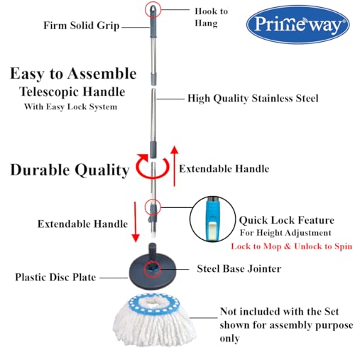 Image of Primeway Stainless Steel Spin Mop Replacement Handle Rod Stick Set with Disc Plate Head 16cm Accessory | Max Handle Length 109~127cm | Grey