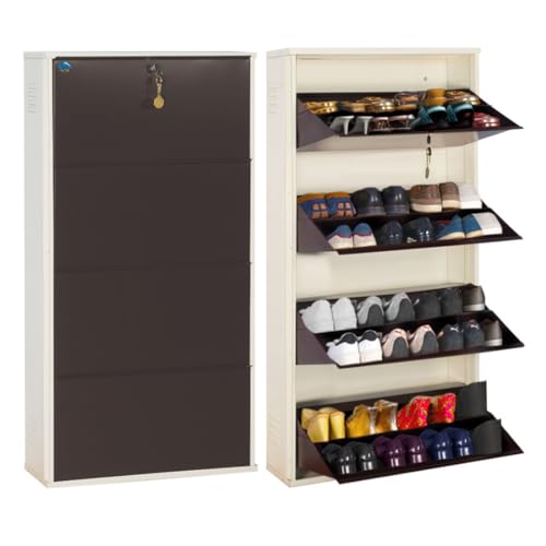 Image of DELITE KOM 29 inch Wide, 8 Shelf Metal Shoe Rack Wall Mounted for Home with Central Lock | Holds Upto 28 Shoes or 48 Slippers Pair | Double Decker, 1Yr Warranty, (54x29x8, Ivory Coffee), DIY, Space Saver