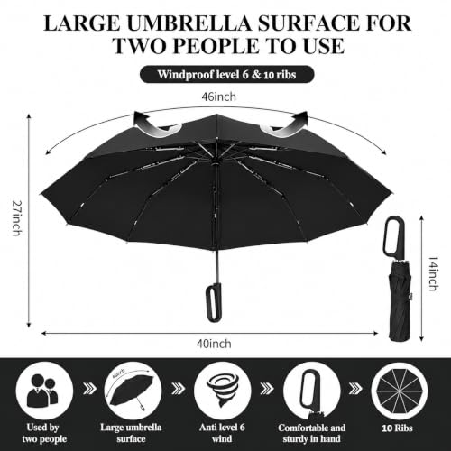 Image of FLYNGO Umbrella for Rain Big Size with Carabiner Handle, UV Coated 3-Fold Travel Umbrella for Sun Protection, Windproof Reinforced 10 Dual Ribs, Automatic Open /Close