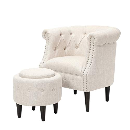 Leila Petite Tufted Fabric Chair and Ottoman Set, Beige and Dark Brown