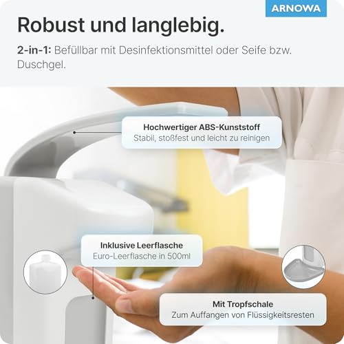 1x ARNOMED Kunststoff-Desinfektionsspender, Desinfektionsmittel-Spender für 500ml, Eurospender, Seifenspender Weiss zur Wand-Befestigung, Desinfektionsspender Wand, Seifenspender stehend ohne Bohren