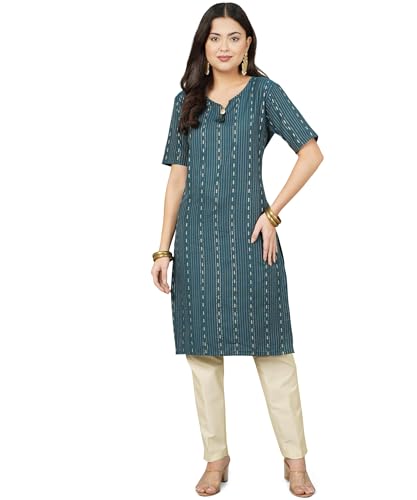 Image of Cotton Dobby Woven Design V- Neck Elbow Sleeves Knee Length Kurta for Women's