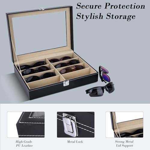 Autoark Leather 8 Piece Eyeglasses Storage and Sunglass Glasses Display Case Organizer,Black,AW-022