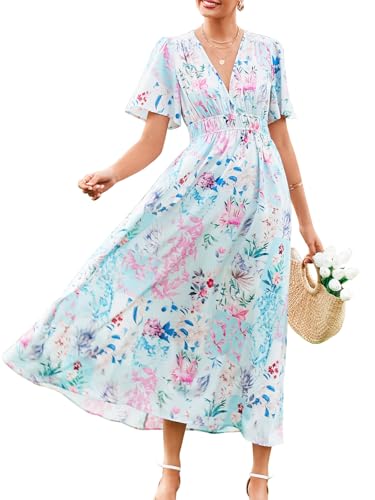 Flessibili Womens Short Sleeve Floral Maxi Dresses 2026 Spring Wedding Guest Party Summer Dress Blue Pink Floral Medium