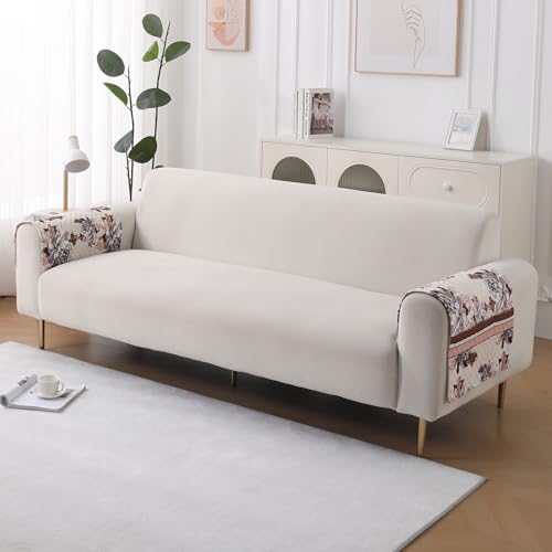 Image of HOKIPO 'LiefNest' Printed Holland Velvet Sofa Armrest Covers | 1 Pair | Chrysanthemum Bloom Soft Beige (IN-827-L-D6*2)