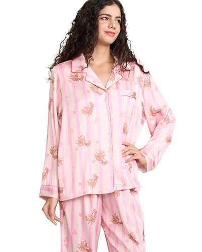 Image of YiNi LuLu Womens Silk Satin Pajamas Set Button Down 2 Piece Pjs Long Sleeve Oversized Sleepwear with Pockets