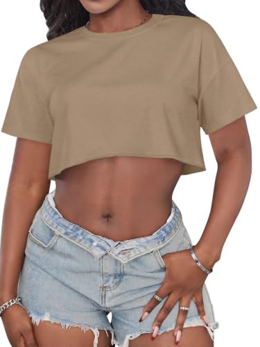 Image of Crop Tops for Women Oversized Short Sleeve T Shirts Crew Neck Cropped Tees