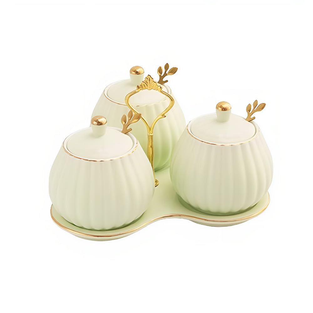 YMYL Set of 3 Porcelain Condiment Pot Sugar Bowl with Lid, Spoon and Tray, Modern Ceramic Seasoning Jars Salt Container for Home Kitchen, Restaurant, Coffee Bar (Light Green)