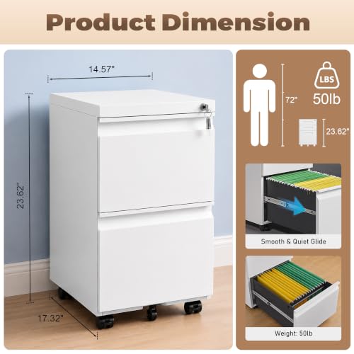 Image of Guizeeopo Fully Assembled 2 Drawer File Cabinet, Locking Filing Cabinet with Anti-Tipping Wheels, Quiet Slide, Heavy-Duty Steel Construction, Fits A4 Letter Legal for Home Office, Matte White