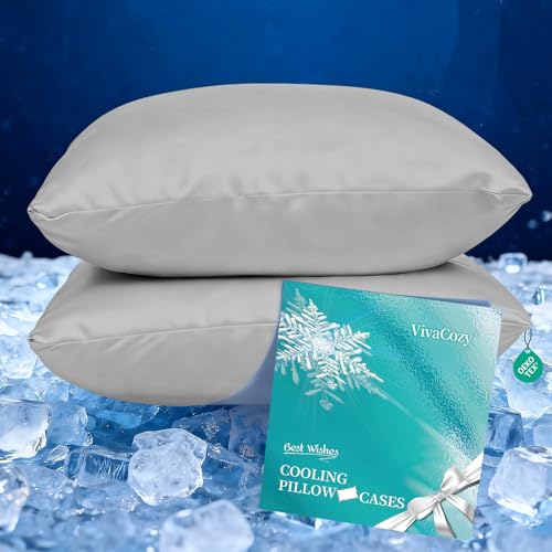 VivaCozy NexChill Cooling Pillow Cases for Hot Sleepers Set of 2 Cool Pillow Protectors with Hidden Zipper Cold Pillow Covers Standard to Queen Size Softer Than Silk Pillowcases Gift Grey