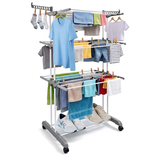 H&F Heimtextilien Turmwäscheständer 4 Etagen platzsparend mit Rollen & Bremse klappbarer Wäscheturm 72 x 64 x 170 cm 14 Kleiderbügel-Haken bis 50 kg