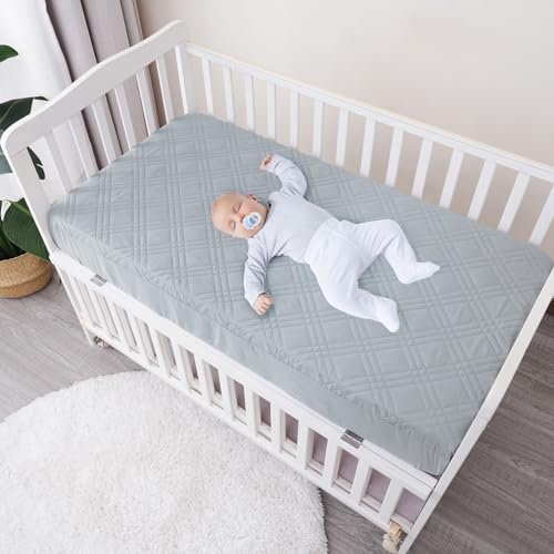 Image of david's kids 2 Pack Waterproof Crib Mattress Protector, Fit Standard Crib and Toddler Mattresses, Ultra Soft and Breathable for Boys Girls Neutral, Grey & Navy Blue Checker