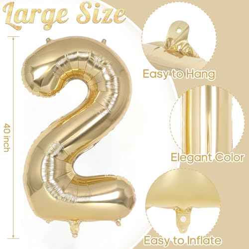 Image of Champagne Gold Large Number 2 Balloon, 40 Inch Light Gold Foil Helium Number Balloons, Giant Mylar Number 2 Balloons for 2nd Years Old Birthday Party Anniversary Decorations
