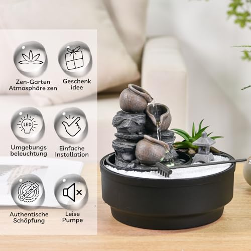 Zimmerbrunnen für den Garten, Zen, Wasserfall, Glas, buntes LED-Licht, Dekoration für entspannte Atmosphäre, Garten, Zen weißer Sand, Tischbrunnen, geschlossener Kreislauf, H21 cm – Oasis Zen'Light