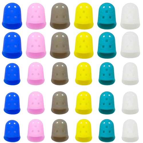 30 Pack Rubber Finger Tips, Rubber Thimbles for Office Work, Crafting, Guitar Playing and Skin Picking Control, Silicone Rubber Finger Covers in 6 Colors