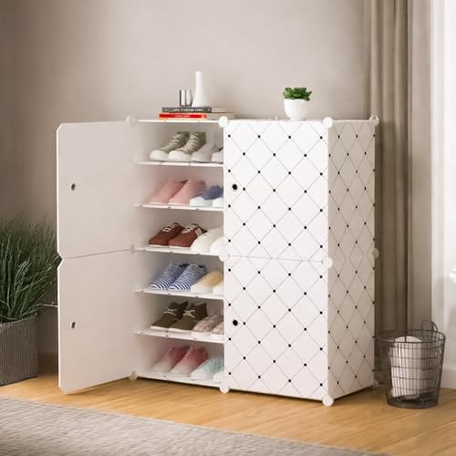 Image of Plastic Shoe Rack for Home | 12 Shelf DIY Shoe Rack with Door for Home Storage Plastic Box Organizer, Metal Door Frame, Chappal Slipper Sandals Stand (White HO1, 12 Shelf)
