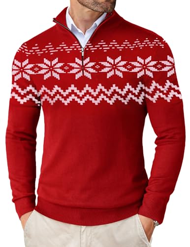 COOFANDY Mens Ugly Christmas Sweater Casual Slim Fit Pullover Sweaters Long Sleeve Knitted Zip Up Mock Neck Polo Sweater Red Medium