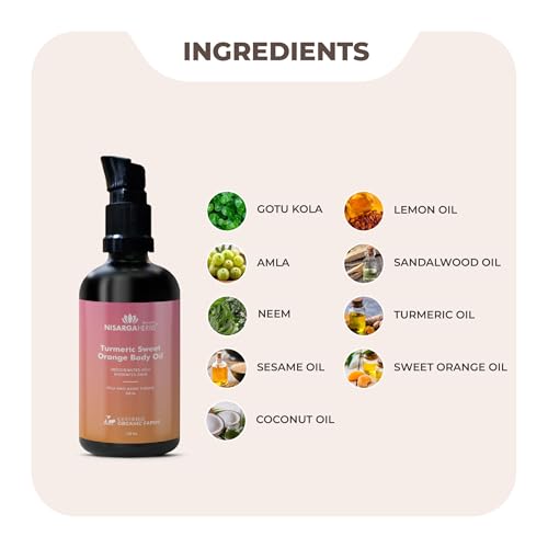 Image of SONARK'S NISARGA HERBS Turmeric & Sweet Orange Body Oil (100ml) - Rejuvenating & Hydrating Natural Moisturizer for Oily & Sensitive Skin - Promotes Even Tone, Collagen Support & Healthy Glow