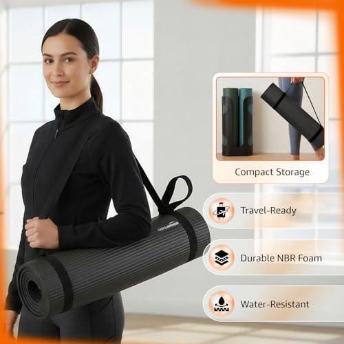 Image of Amazon Basics NBR Yoga & Exercise Mat with Carrying Strap | 15 mm Extra Thick Cushioned Support | Non-Slip Textured Surface | Durable Foam Rubber Material | Floor Protection | Ideal for Yoga, Pilates & Home Workouts | 183 x 61 cm | Black