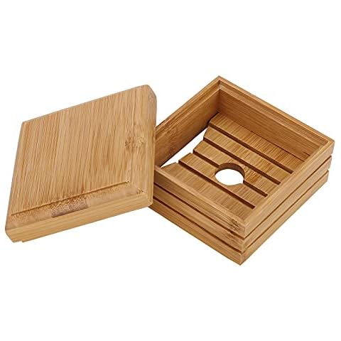 GREENWISH Bamboo Soap Dish Wood Soap Box with Lid Bar Soap Tray Holder Storage Rack Container with Drainage Bathroom Shower Storage Holder Plat Soap Saver Soap Case with Drain for Kitchen Cover