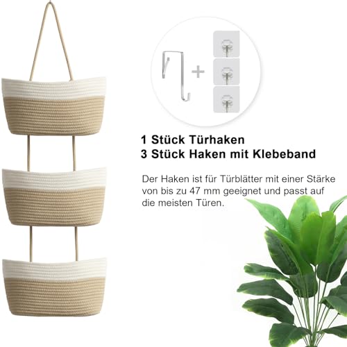 TeoKJ Hängekorb für die Tür, 3-stöckig, gewebte Baumwolle, Wandmontage, Organizer, Tasche, dekorative hängende Küchenkörbe – Weiß + Jute