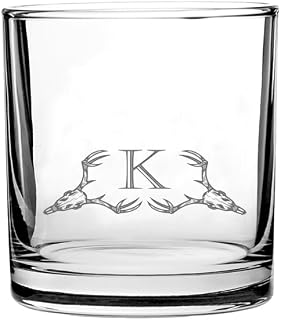 Hat Shark Personalized Whiskey Scotch Glass with Deer Skull Monogram, Single Rocks Glass, A-Z Initial, Retirement, Birthday, Wedding, Gift Clear (1, Letter K)