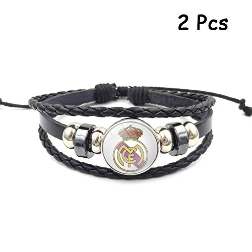 Lorh's Store Retro La Liga voetbal club badge kralenarmband leer geweven voetbal sportarmband voor fans 2 stuks (Real Madrid)