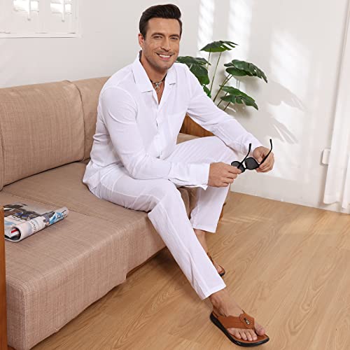 Men 2 Piece Linen Set Button Down Long Sleeve Shirt And Casual Beach Drawstring Waist Pants Holiday Outfits #TOP6