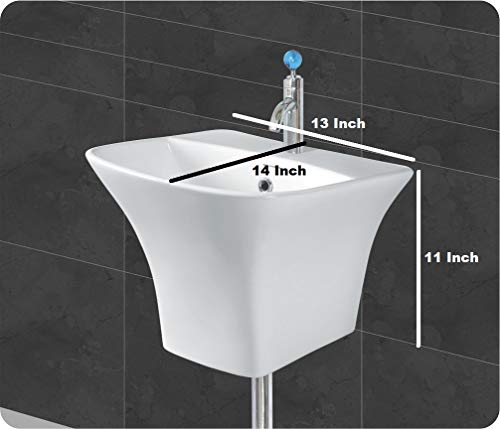 Image of Wash Basin Wall Hung Mounted Glossy Finish White Sink for Bathroom (13 x 14 x 11 Inch)
