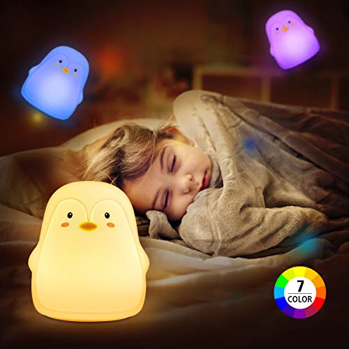 Elfeland Veilleuse Bébé Lumière LED 7 Couleurs Veilleuse Enfant Portable en Silicone Pingouin Lampe de chevet 3 Modes déclairage/USB Rechargeable Contrôle Tactile avec 1200mAh Batterie