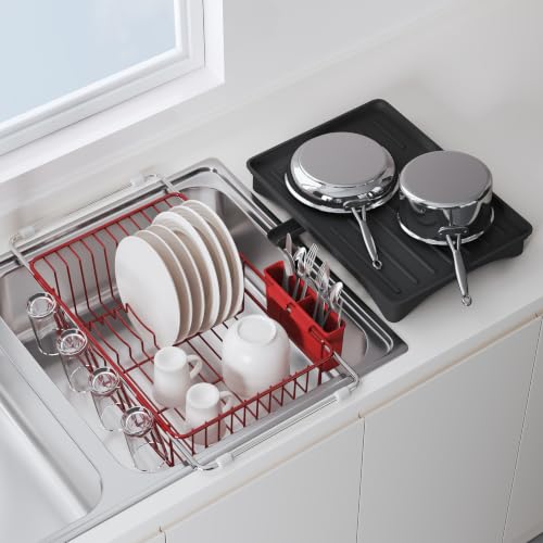 Image of JASIWAY Red Dish Drying Rack in Sink with Drainboard and Utensil Holder