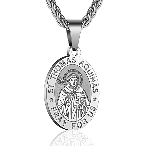 P. BLAKE St Saint Thomas Aquinas Medal Necklace for Men Boys, Oval Stainless Steel Religious Catholic Saint Thomas Pendant Chain