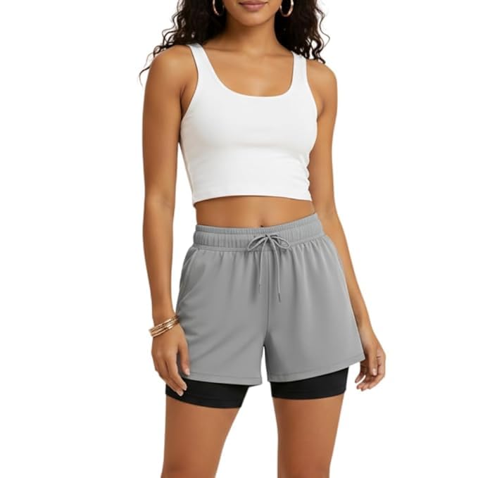 Women's 2-in-1 Running Shorts | Quick-Dry Double Layer Gym Workout Shorts with Inner Compression Liner & Pockets | Lightweight Breathable Athletic Sports Shorts for Training, Yoga, Running-picture-47