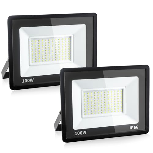 Fynokst 100W Faretto LED da Esterno, 10800LM Sovrilluminante Faro LED Esterno, 6000K Luce Bianca Fredda, IP66 Waterpoof Faretti per Giardino, Garage, Campo sportivo, 2 Pezzi