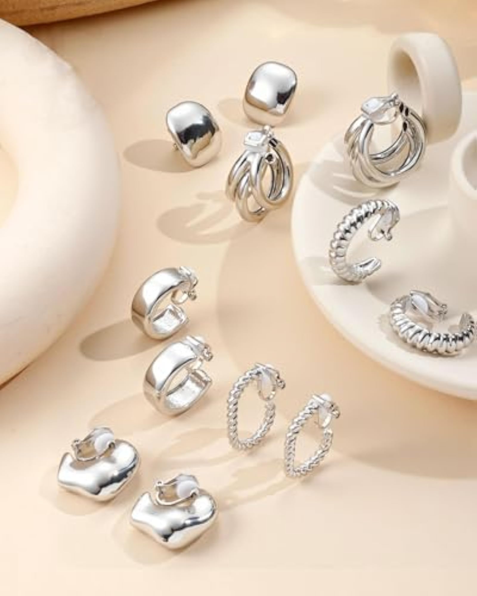 Women's 14K Gold Plated Clip-On Hoop Earrings Set, 10 Pairs