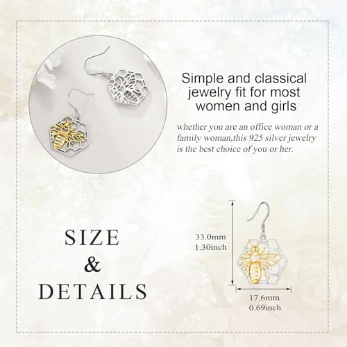 Image of LUHE Bee Earrings for Women 925 Sterling Silver Bumble Earrings with Honeycomb Honeybee Jewelry Dangle Gifts for Women