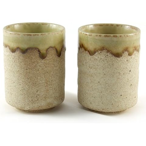 Japanese Stoneware Coffee Cup - Sand Glazed Wagamama Style Handleless Tea Cups Pair Cover