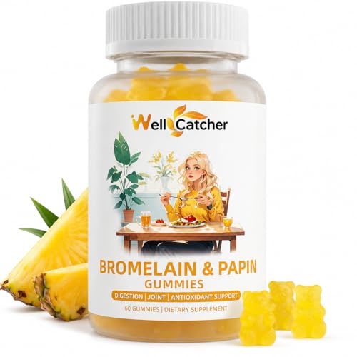 Bromelain Papain Enzyme Gummies: 500mg Bromelain with Quercetin Papaya Enzyme Turmeric & Vitamin C Digestive Support Supplement for Adults Kids Organic Sugar Free Vegan Pineapple Flavor 60 Count