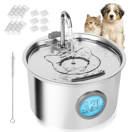 Katzenbrunnen Edelstahl: 3 2 L Ultraleise Trinkbrunnen Für Katze -Trinktiger Katzenbrunnen Mit 6 Filterkartuschen 6 Filterpads Und USB-LadegeräT SpüLmaschinenfest Mit Wasserstandsanzeige