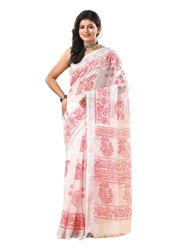 Image of WoodenTant Women's Linen Slab Cotton Blend Block Print Saree with Blouse Piece | Traditional Soft Saree (6.5m Length, 1.2m Width)