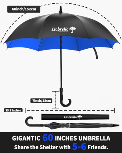 Image of ISABRELLA Umbrella for Men Big Size, Large Golf Umbrella with Fiberglass Shaft, Anti-slip handle, One-Click Auto Open, 60 Inch Big Umbrella for Men, Women, Family - Ideal for 3-4 People