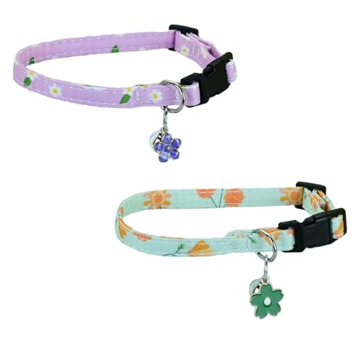 Newtensina Fashion 2 Pieces Cute Flower Pattern Cat Collar with Flower Pendant Pedal Pendant for Cats - PurpleGreen