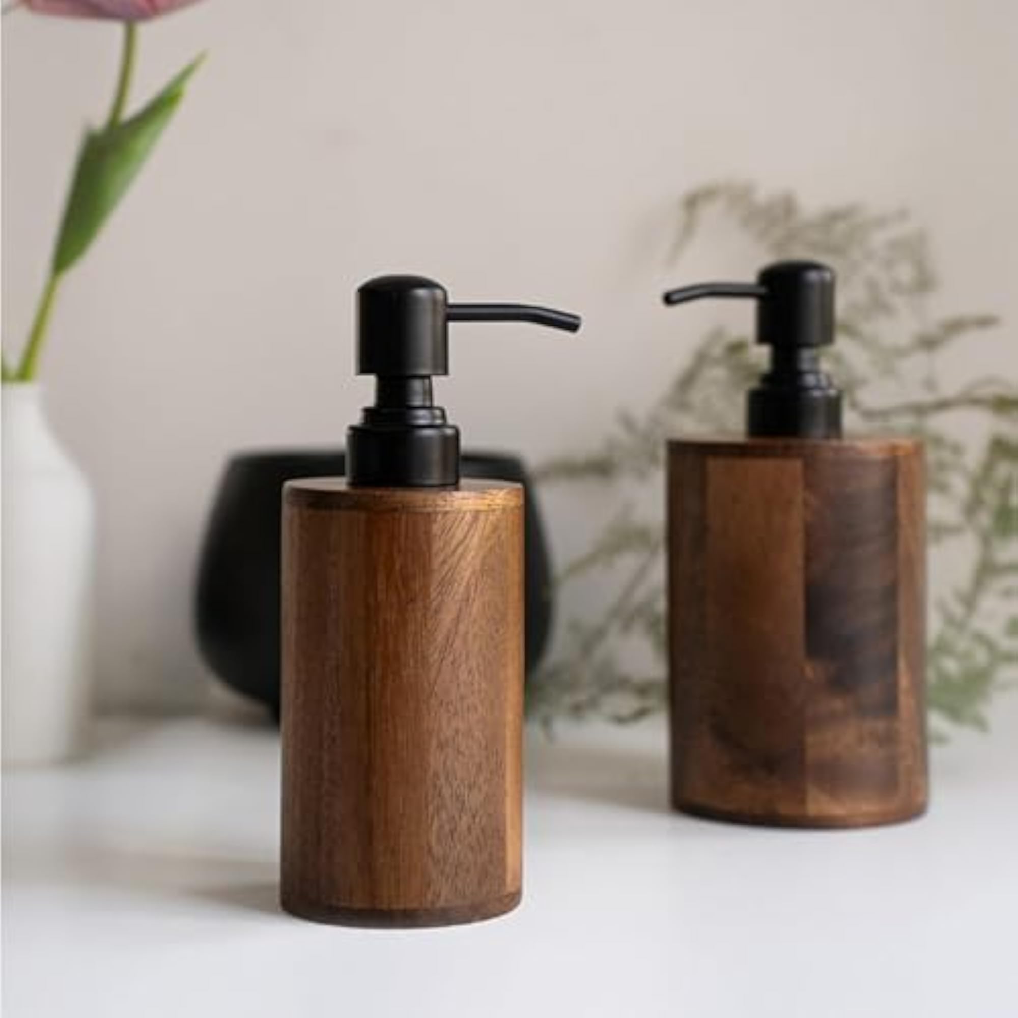 Round Lotion Dispenser Bottle, Natural Wood Look
